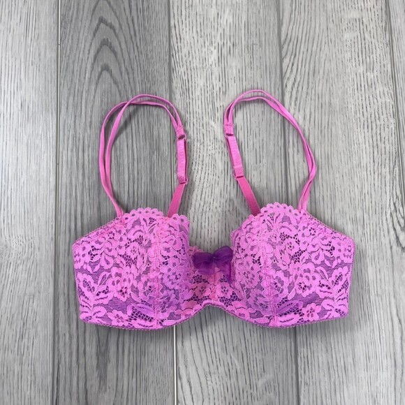 b.tempt'd Size 32C Purple Pink Floral Lace Ciao Bella Balconette Underwire Bra - Picture 1 of 6